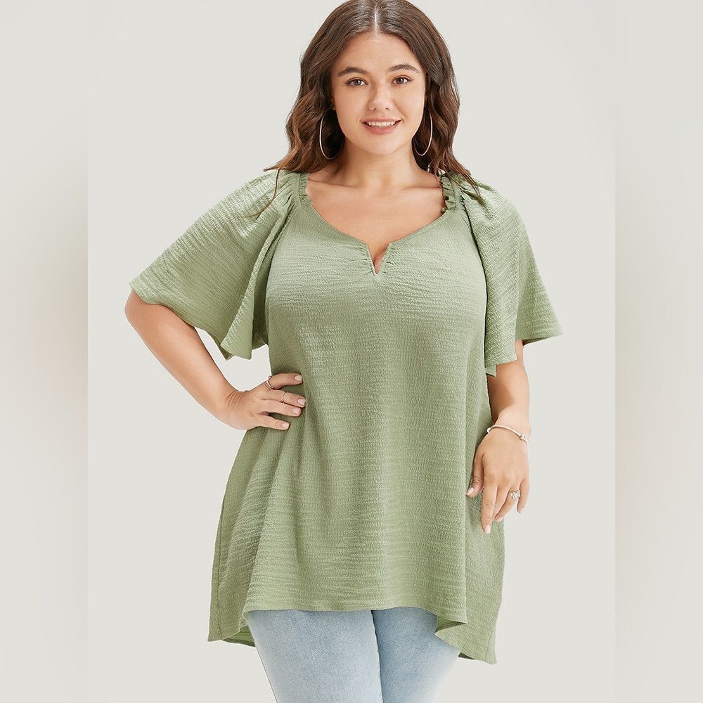 Bloomchic Ruffle High Low Hem Blouse Green